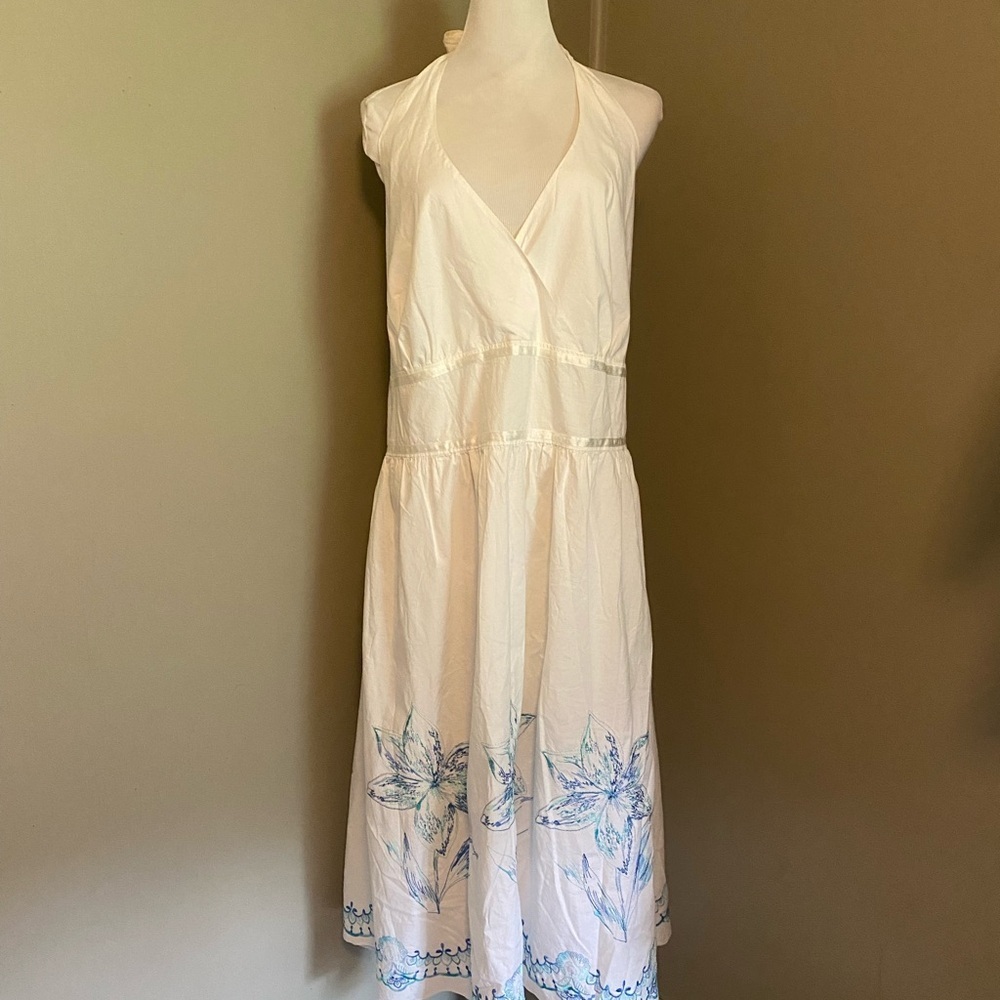 APNY Cream and Blue Halter Midi Sundress